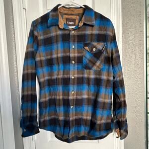 Cozy Gorpcore CQR Blue Brown Plaid Cotton Flannel Button Down Shirt XS